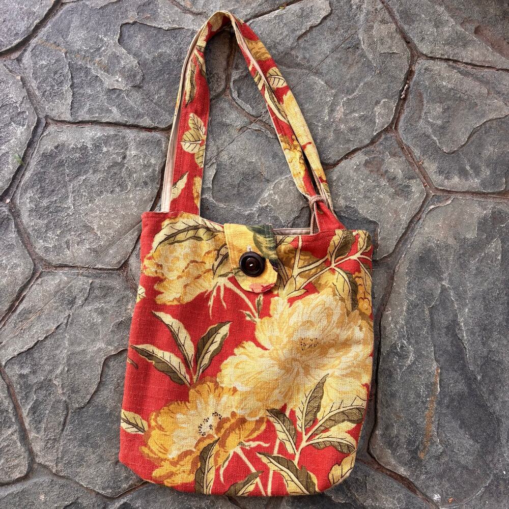 Susan Todd Bark Cloth Tote Bag from Vintage Floral Upholstery Fabric Sustainable
